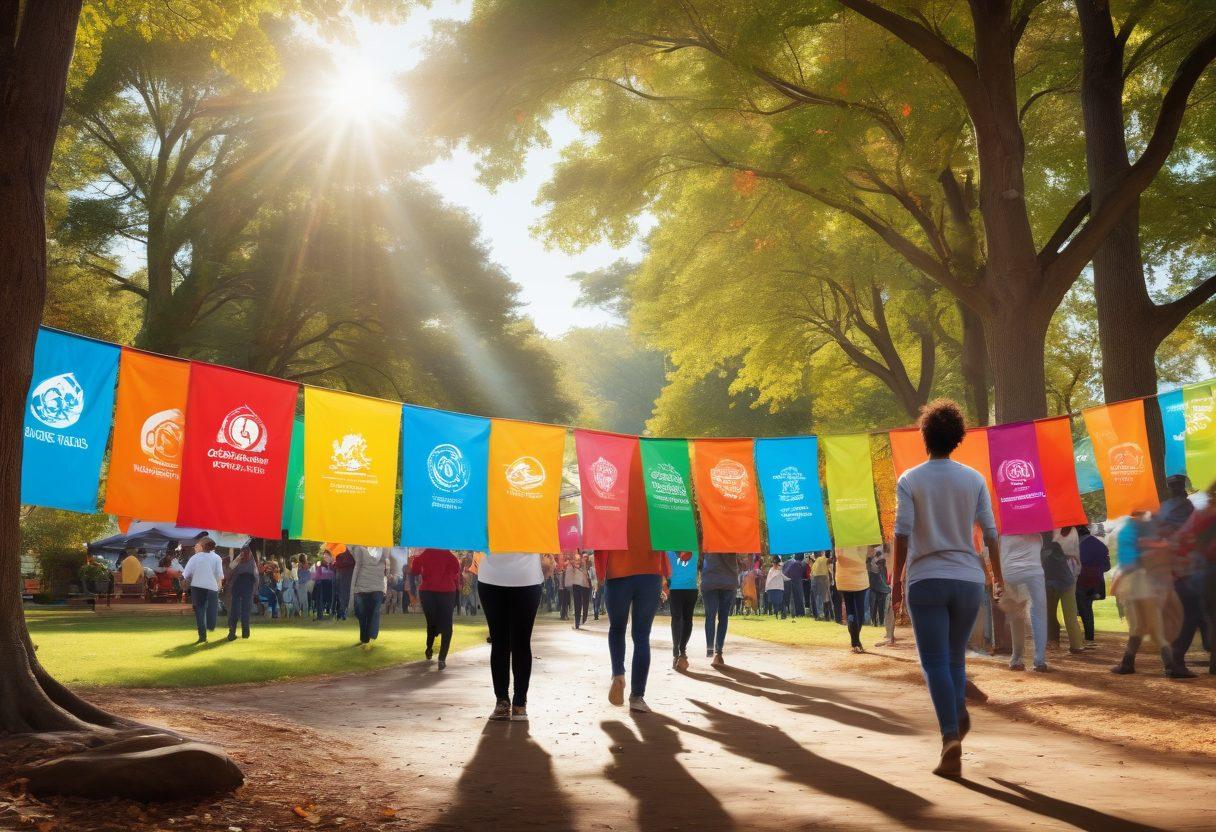 A dynamic scene depicting a diverse group of people engaging in a community fundraising event, with enthusiastic participants, colorful banners, and supportive sponsors’ logos prominently displayed. Include elements of collaboration, such as teamwork and joyful interactions, showcasing the positive impact of sponsorships on community engagements. The background should feature a vibrant park setting with sunlight filtering through trees, enhancing the feeling of unity and purpose. super-realistic. vibrant colors. community-focused.