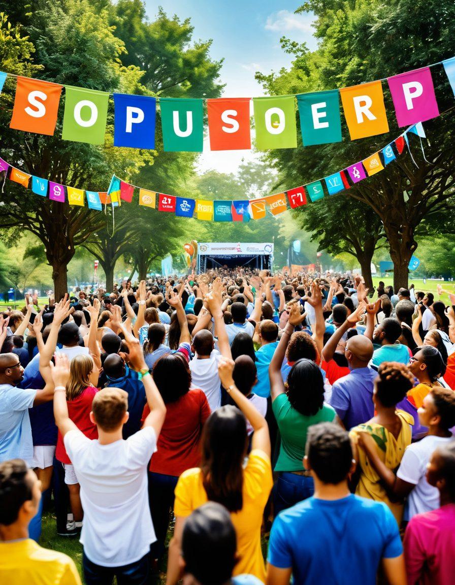 A lively outdoor event scene showcasing diverse groups of people collaborating joyfully, with colorful banners promoting supportive sponsorships. Include a stage with speakers and a vibrant crowd engaged in activities, surrounded by greenery and festive decorations. Highlight connections and teamwork through visual metaphors like intertwined hands or linked chains. super-realistic. vibrant colors. cheerful atmosphere.